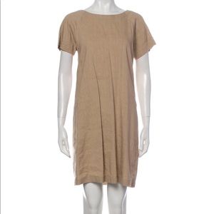Theory short sleeve lace up pleated back linen shift dress in tan beige